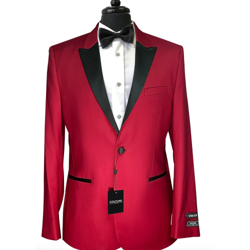Couture 1910 Stretch 1-Button Red Peak Lapel Coat and Contrasting Black Pants